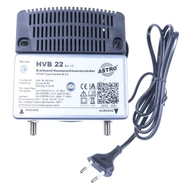HVB 22 00217369 BREITBANDVERSTÄRKER MIT 65MHZ RÜCKWEG,  VORWEG BIS 1006MHZ,  VERSTÄRKUNG VORWEG 25DB,  AUSGANGSPEGEL VORWEG 97DBΜV,  INT