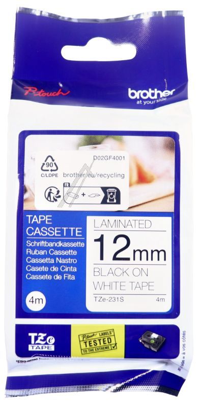 TZE231S SCHRIFTBAND SCHWARZ AUF WEISS 12MM/ 4M LAMINIERT BROTHER