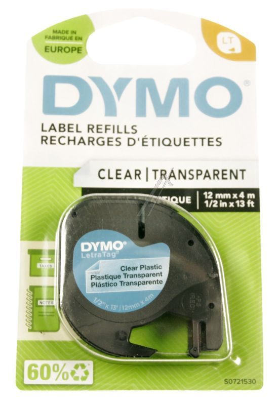 S0721530 SCHRIFTBAND SCHWARZ AUF TRANSPARENT 12MM/ 4M DYMO PLASTIK-BAND LETRA-TAG