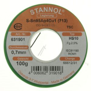 631901 LÖTDRAHT STANNOL HS10 2510 TSC SN95 AG4 CU1 BLEIFREI 0.70MM Ø 100G