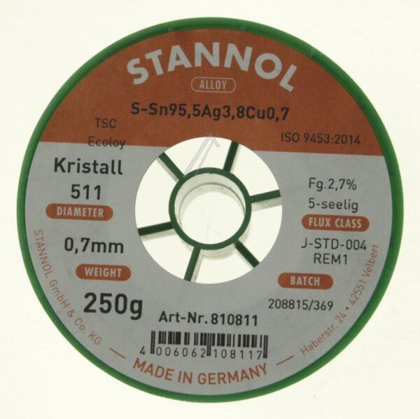 810811 LÖTDRAHT KRISTALL 511 TSC SN95 AG4 CU1 BLEIFREI 0.70MM Ø 250G